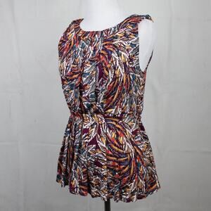 Deletta Anthropologie NEW Leaf Print Fit Flare Pleated Sleeveless Top Tank XS